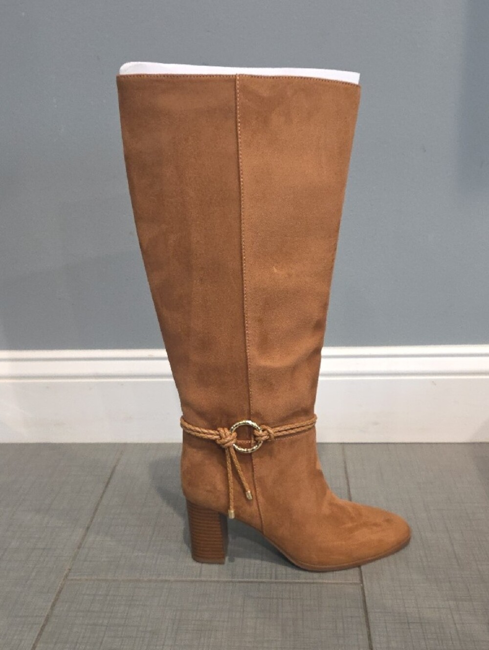 Tan Suede Mid-Calf Block Heel Boots with Rope Ring Accent Size 7 - Picture 2 of 6